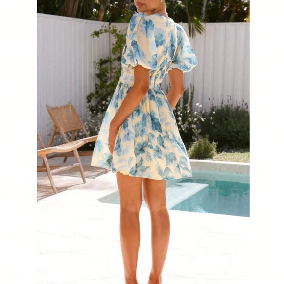 Blue Elegant Women's Floral V-Neck Gathered Waist Petal Sleeve A-Line Mini Dress - Picture 3 of 9
